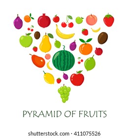 Fruits in pyramid. random. on the white background. ecological pyramid.fresh. flat and cartoon style. vector illustration.