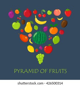 Fruits in pyramid. The white background. Cartoon style. Vector illustration.