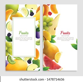 Fruits realistic design set of two vertical backgrounds with frames editable text and fruit slice images vector illustration