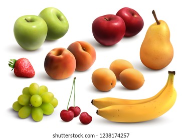 Fruits realistic set with green and red apples bananas pears bunch of grapes peach apricot isolated vector illustration