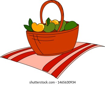 Frutas en cesta roja, ilustración, vector sobre fondo blanco.