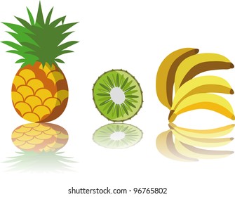 fruits reflexion white background bananas kiwi pineapple