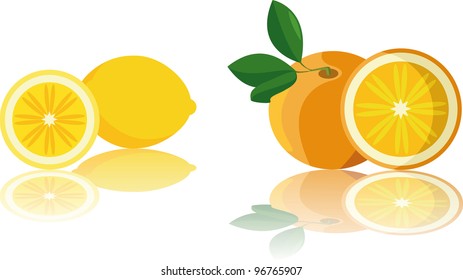 fruits reflexion white background bananas lemon orange