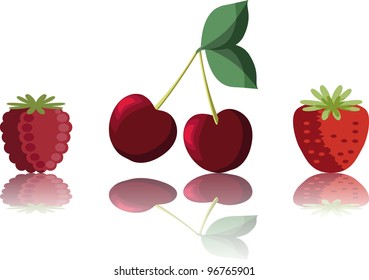 fruits reflexion white background strawberry cherry raspberry