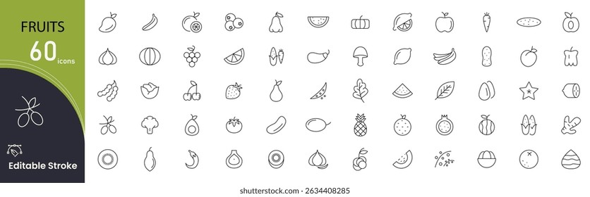 Fruits related line icons collection. Orange banana melon apple, blueberry, pineapple pomelo, kiwi peach, fig kiwi fresh fruits icon pack. Thin outline icons. 
