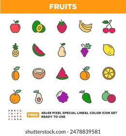 Iconos de línea de color de Vector simple relacionados con las frutas. Contiene iconos como manzana, plátano, naranja, fresa y más. Gratis 48x48 Pixel listo para usar.