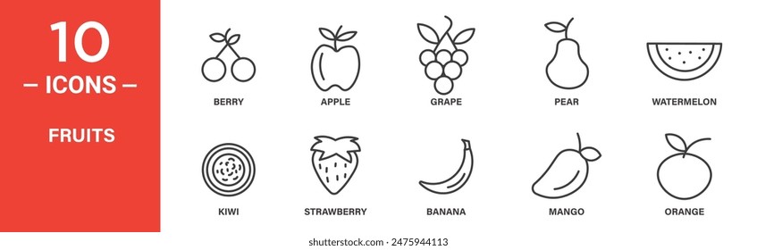 Fruits related vector icon set includes berry, apple, grape, pear, watermelon, kiwi, strawberry, banana, mango, orange, and more icons