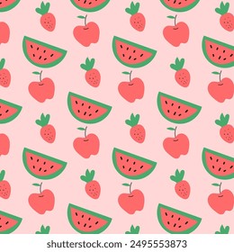 Fruits repeat pattern.Seamless pattern with watermelon strawberry and apple isolated on background.Vector graphic illustration.