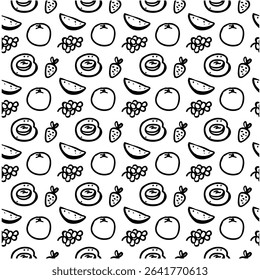Fruits repeat seamless pattern. Natural vitamins cute doodles. Hand drawn vector background on white.