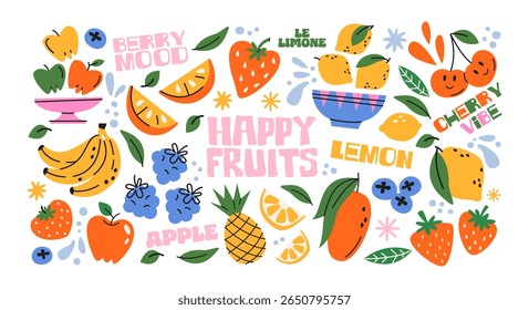 Fruits in retro cartoon style. Banana, orange, lemon, strawberry, colorful juicy elements, tropical vibe, 90s freshness aesthetic, illustration in retro cartoon style, trendy stickers