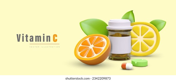 Frutas ricas en concepto de vitamina C. Diversas pastillas y cápsulas, vitaminas en frasco. 3d limón realista y naranja cerca de un frasco con medicina. Ilustración vectorial con lugar para texto