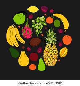 Fruits in round frame. Vector illustration.
