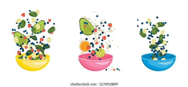 Fruits Salad Bowl. Healthy Breakfast. Variety Of Healthy Fruits Flying In The Air To A Ceramic Pink, Yellow, Blue Bowl. Trendy Vector Illustration For Web And Print Poster Design. Isolated Bowl.