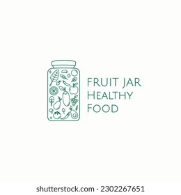 Fruits salad in jar line art outline logo vector illustration. Isolated object on background