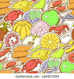 Fruits and Seafood pattern. Background for printing, design, web. Seamless. Colored.