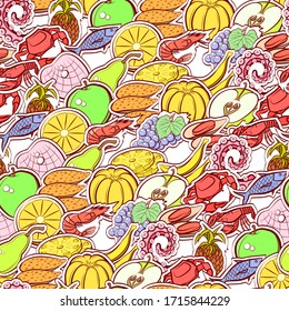 Fruits and Seafood pattern. Background for printing, design, web. Seamless. Colored.