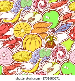 Fruits and Seafood pattern. Background for printing, design, web. Seamless. Colored.