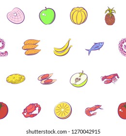 Fruits and Seafood set. Background for printing, design, web. Usable as icons. Seamless. Colored.