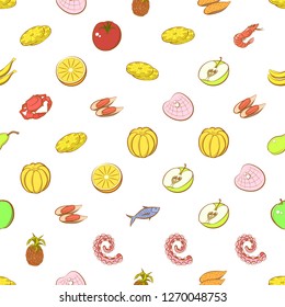 Fruits and Seafood set. Background for printing, design, web. Usable as icons. Seamless. Colored.