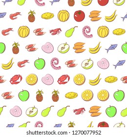 Fruits and Seafood set. Background for printing, design, web. Usable as icons. Seamless. Colored.