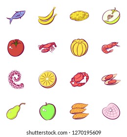 Fruits and Seafood set. Background for printing, design, web. Usable as icons. Seamless. Colored.