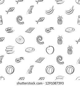 Fruits, Seafood and Table setting set. Background for printing, design, web. Usable as icons. Seamless. Monochrome binary, black and white.