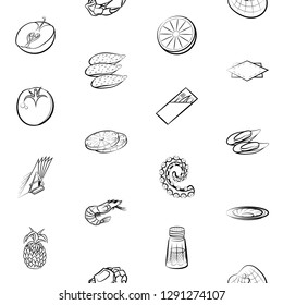 Fruits, Seafood and Table setting set. Background for printing, design, web. Usable as icons. Seamless. Monochrome binary, black and white.