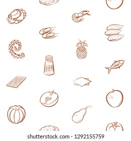 Fruits, Seafood and Table setting set. Background for printing, design, web. Usable as icons. Seamless. Binary color.