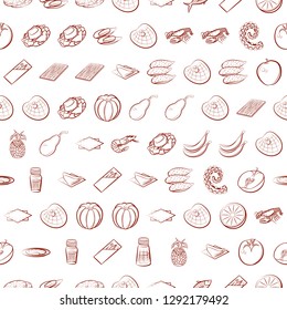 Fruits, Seafood and Table setting set. Background for printing, design, web. Usable as icons. Seamless. Binary color.