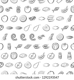 Fruits, Seafood and Table setting set. Background for printing, design, web. Usable as icons. Seamless. Monochrome binary, black and white.