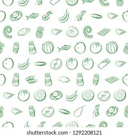 Fruits, Seafood and Table setting set. Background for printing, design, web. Usable as icons. Seamless. Binary color.