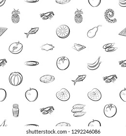 Fruits, Seafood and Table setting set. Background for printing, design, web. Usable as icons. Seamless. Monochrome binary, black and white.