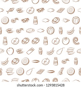 Fruits, Seafood and Table setting set. Background for printing, design, web. Usable as icons. Seamless. Binary color.