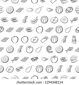 Fruits, Seafood and Table setting set. Background for printing, design, web. Usable as icons. Seamless. Monochrome binary, black and white.