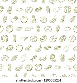 Fruits, Seafood and Table setting set. Background for printing, design, web. Usable as icons. Seamless. Binary color.
