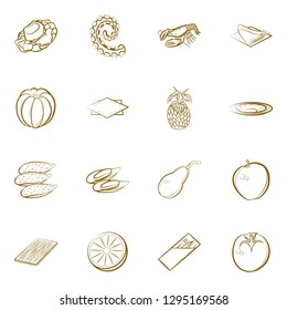 Fruits, Seafood and Table setting set. Background for printing, design, web. Usable as icons. Binary color.