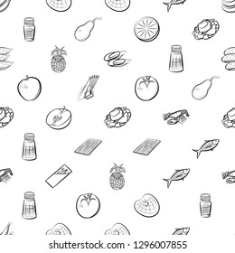 Fruits, Seafood and Table setting set. Background for printing, design, web. Usable as icons. Seamless. Monochrome binary, black and white.