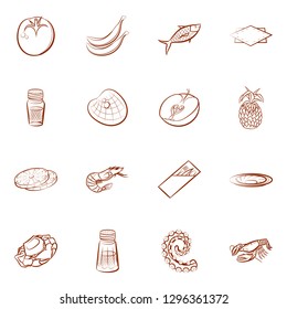 Fruits, Seafood and Table setting set. Background for printing, design, web. Usable as icons. Binary color.