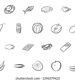 Fruits, Seafood and Table setting set. Background for printing, design, web. Usable as icons. Seamless. Monochrome binary, black and white.