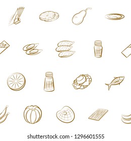 Fruits, Seafood and Table setting set. Background for printing, design, web. Usable as icons. Seamless. Binary color.
