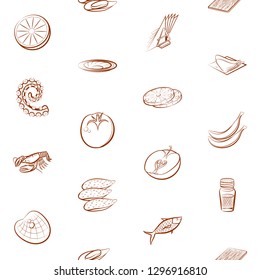Fruits, Seafood and Table setting set. Background for printing, design, web. Usable as icons. Seamless. Binary color.