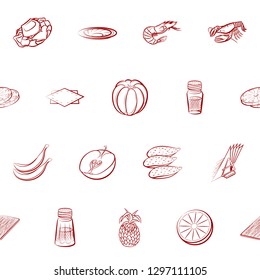 Fruits, Seafood and Table setting set. Background for printing, design, web. Usable as icons. Seamless. Binary color.