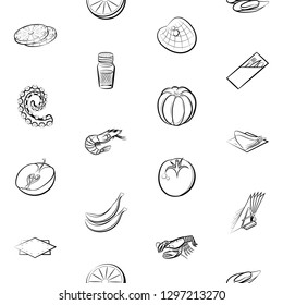 Fruits, Seafood and Table setting set. Background for printing, design, web. Usable as icons. Seamless. Monochrome binary, black and white.