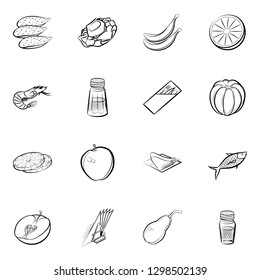 Fruits, Seafood and Table setting set. Background for printing, design, web. Usable as icons. Monochrome binary, black and white.