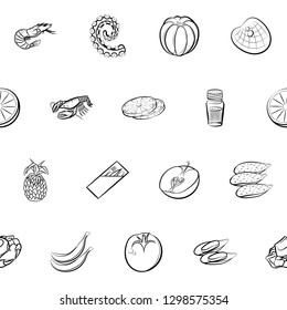 Fruits, Seafood and Table setting set. Background for printing, design, web. Usable as icons. Seamless. Monochrome binary, black and white.