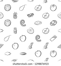 Fruits, Seafood and Table setting set. Background for printing, design, web. Usable as icons. Seamless. Monochrome binary, black and white.