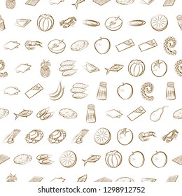 Fruits, Seafood and Table setting set. Background for printing, design, web. Usable as icons. Seamless. Binary color.