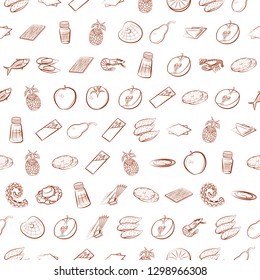 Fruits, Seafood and Table setting set. Background for printing, design, web. Usable as icons. Seamless. Binary color.