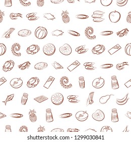 Fruits, Seafood and Table setting set. Background for printing, design, web. Usable as icons. Seamless. Binary color.