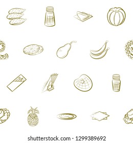 Fruits, Seafood and Table setting set. Background for printing, design, web. Usable as icons. Seamless. Binary color.